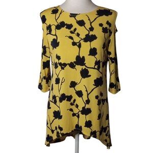 Clara Sun Woo Yellow W/ Black Floral Open Shoulder High Low Blouse Size Medium